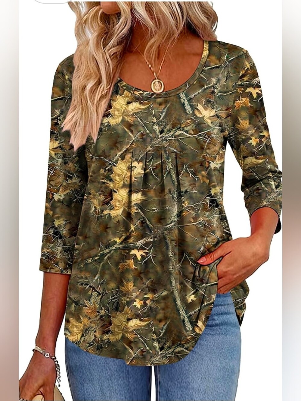 Zeagoo 3/4 Sleeve Tops for Women Crew Neck Blouses Pleated Casual Shirt